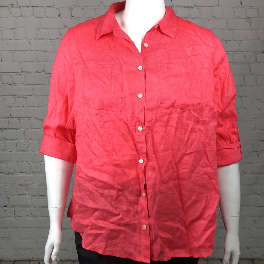 1X 3X Charter Club Coral Linen Button Top Plus Sz - Picture 2 of 6